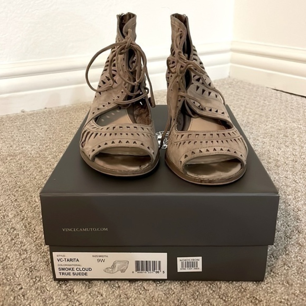 Vince Camuto Tarita - Smoke Cloud True Suede Sandals